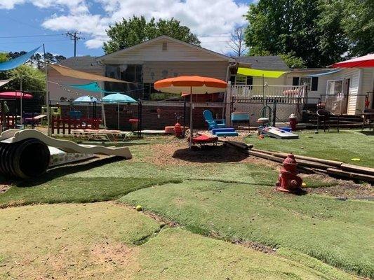 large outside play area, note the fire hydrant