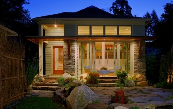 A finished home remodel in West Hartford, CT. The new seating area creates a transition from indoor to outdoor living.