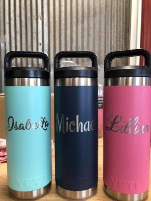 Yeti bottles engraved with girl's names