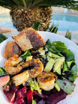 Pan fried truffle shrimp & salmon avo beet mixed greens salad.. Go Greens