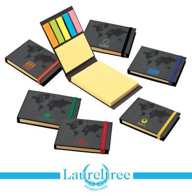 This hard cover sticky note book can be customized with your logo. The elastic closure comes in six colors.