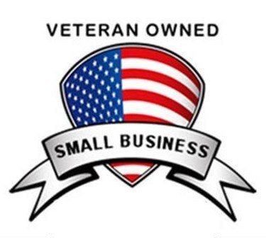 Veteran Owned over an American Flag shield with a silver banner that says Small Business.  It portrays a Veteran Owned Small Business