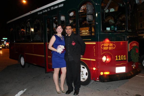 Jennifer Q "The Yelpinator" takes the trolley to her Willis Tower wedding on New Years Eve 2012 with husband, Daniel.