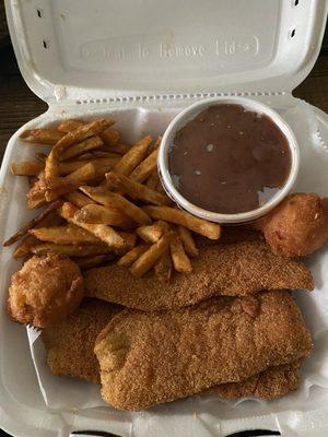 3 Pieces Catfish Dinner Fries and Red Beans and Rice