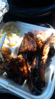 Ribs chicken bbq beans and potato salad