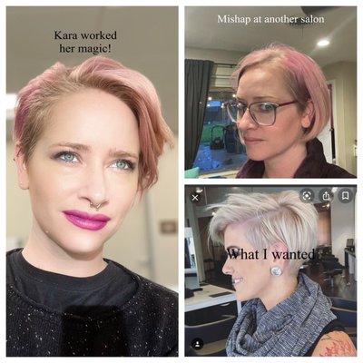 Top right: What I got at another salon  Bottom right: picture I showed salon and Kara Left: Kara worked her magic! She has mad skills!