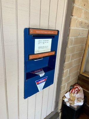 Drop box inside the PO Box gated area for vacation hold/change of address cards (top) and stamped mail (below)