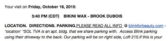 Confirmation email directions - "parking is on right side" (posting in case owner denies email - as seen in previous owner responses)