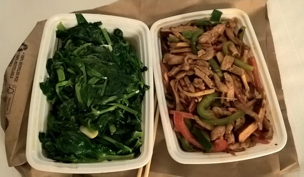 Saute snow pea sprouts (left). Stir fried shredded pork and bean curd (right)