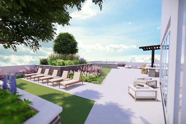 Rooftop lounge seating areas and grilling stations