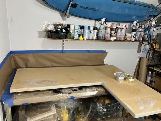 Desk, table, countertop prep. 
Routed edges and bondo for seam filling