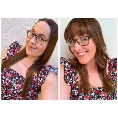 Before and after my haircut + color with Janice at Sproos. So happy with how it turned out, love my new bangs.