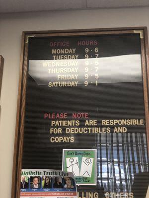 Hours  Monday thru Saturday start at 9am to 5pm Wed & Friday, to 6pm on Monday, 7pm Tuesday and Thursday, and to 1pm on Saturday.