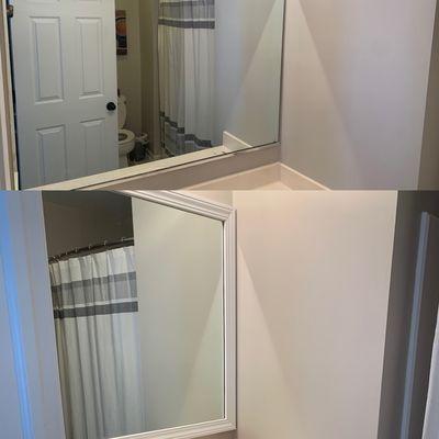 Bathroom mirror before & after adding a frame. Great way to add a new look to your bathroom.