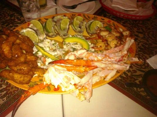 seafood platter, botana del mar o maricada small or large chica o grande crab legs fresh oysters shrimp breaded fish and ceviche