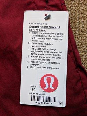 Commission Short 9 Slim Chino. Tag. "ABC (anti ball crushing) engineering gives you and the family jewels room to breathe." Color: Ox blood.