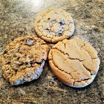 Oatmeal Raisin, Chocolate Chip, and Peanut Butter cookies