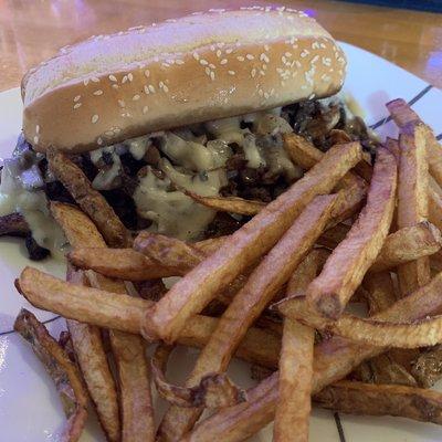 Prime Rib sandwich with bar fries.