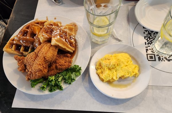 Fried catfish & Georgia peach cobbler waffles with a side of scrambled eggs