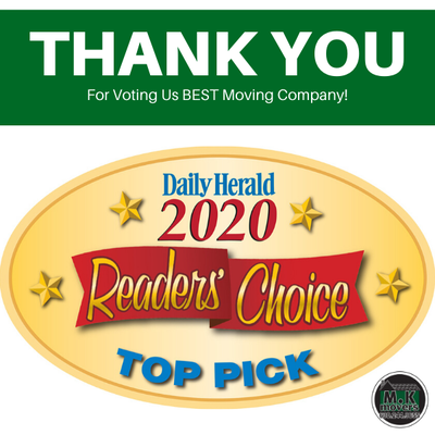 WOW - It's official! M.K Movers has been voted as a Daily Herald TOP PICK in the Moving Company category, and it is all thanks to YOU!