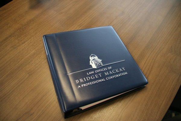 Law Offices of Bridget Mackay estate plan binder. Your will, trust, and important documents belong in your binder.