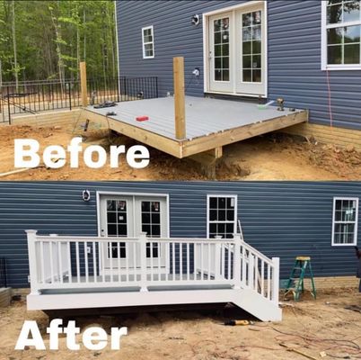 A composite deck was added to a backyard, with homeowners choice of design.