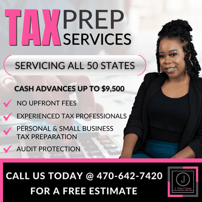 Tax season has officially started! J. Pearl Taxes is OPEN and READY to assist you with all your tax needs! 
 
 Contact us 470-642-7420