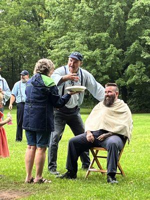 Winning the cream pie smash at Shriner's day at Deep River park! Grinder's vintage baseball games are the best! Great family fun.