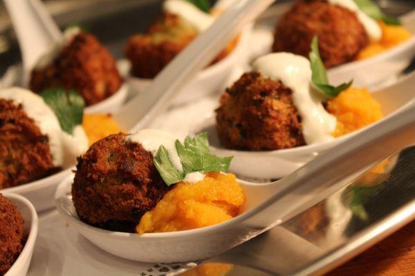 Falafel Bites with Butternut Mash & Tahini Yogurt Sauce