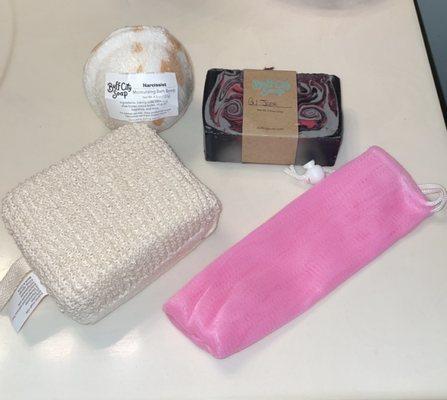 Narcissist bath bomb, G.I. Jane bar soap, sponge and soap sock