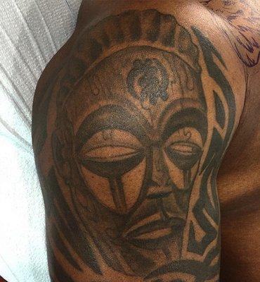 Mask, Maze Werk tribal tattoo with Adinkra symbols by Lord Yatta Arte