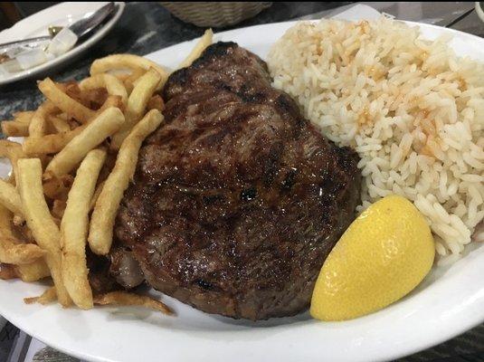 Rib eye steak with rice , very good!!