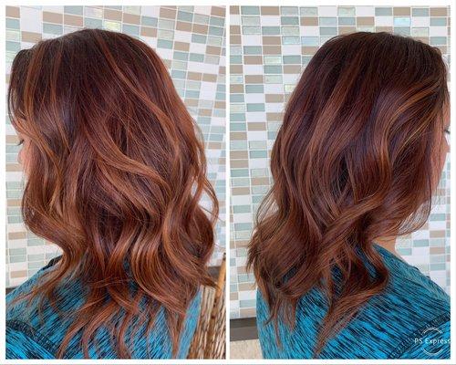 Balayage, shadow root, and auburn color melt