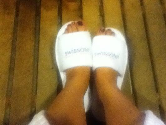 Fuzzy slipper shoozies in the Spa 42 sauna room