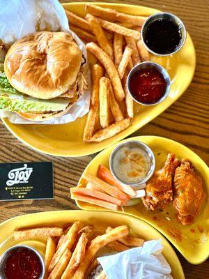 Burger, Fries, Buffalo Wings