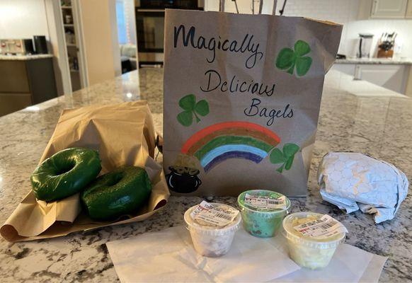 St patty bagels, st patty dip, egg salad, white fish salad and bunch of bagels ....