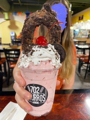 Strawberry Milkshake, chocolate Churro Loop