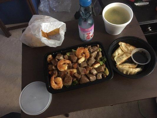 Steak/Shrimp/Chicken Hibachi, Pot Stickers, Miso Soup, Crab Rangoon, & Japanese Soda.