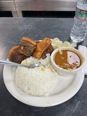 White rice beans with fried belly pork, with Yuca and  sweet onions.