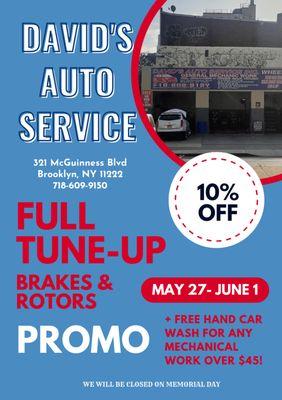 Memorial Weekend Promo! 10% Off Full Tune-Up.