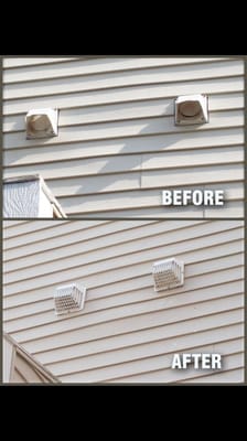 Before and after pictures of bathroom vents that had birds nesting in them.  Now protected!