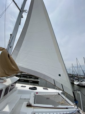 New Roller-Furling Jib on a Lagoon 450. Toast Sunbrella UV Cover. #QuantumSails #ToTheNextChallenge