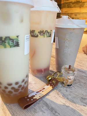 Left to right  green milk tea, grapefruit Yakult, Taro Tofu Pudding Milk