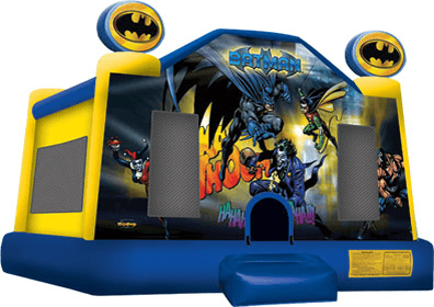 This large licensed Batman Bounce House is a comic book fan's fantasy come true, with gorgeous artwork and two large bat signals flanking th