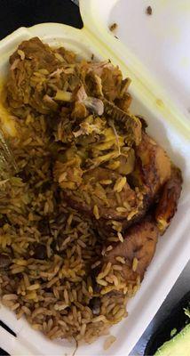 Curry chicken  Fried plantains Rice and peas   Being devoured