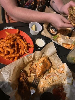 Pulled Pork Sandwich - Rockford Quesadilla - Sweet Potato Fries