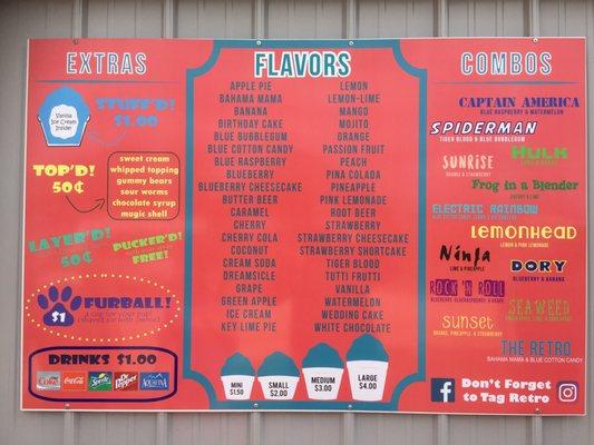 The retro Sno menu board, prices range from $1.50-$4