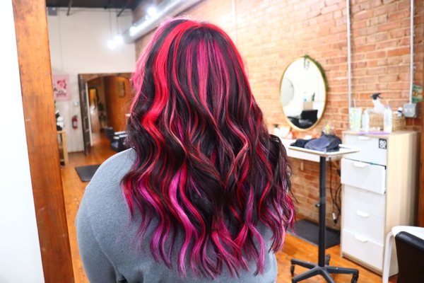 Hot Pink Chunky highlights, with hand sewn extensions