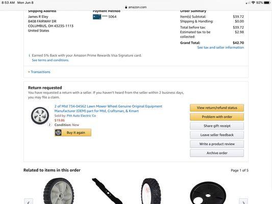 Invoice from Amazon Prime from Auto Electric for the two MTD wheels I ordered from Pitt Auto Electric.