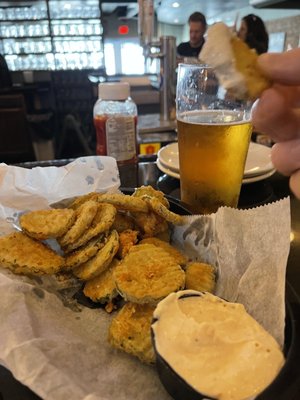 Fried pickles with a horseradish dip! I'm a friend pickle fan, however the dip was tasty with every bite.